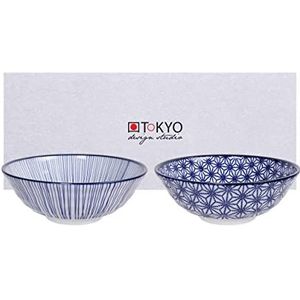 teeblume Tokyo Design Studio Nippon Blue Set van 2 schalen, blauw-wit, Ø 21 cm, ca. 1000 ml, Aziatisch porselein, Japans design met blauwe patronen, incl. geschenkverpakking