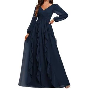 Prinses Bruidsmeisje Jurken Lange Mouw Prom Jurken V-hals Chiffon Formele Avond Party Maxi Jurk ZM208, Donkerblauw, 32