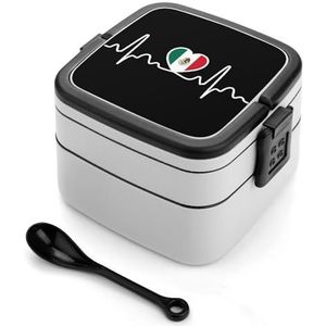 Mexico Vlag Heartbeat Bento Lunchbox Dubbellaags All-in-One Stapelbare Lunch Container Inclusief Lepel met Handvat