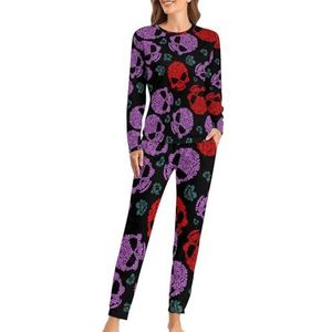 Eng en schattig bloem schedel patroon zachte dames pyjama lange mouw warme pasvorm pyjama loungewear sets met zakken 3XL