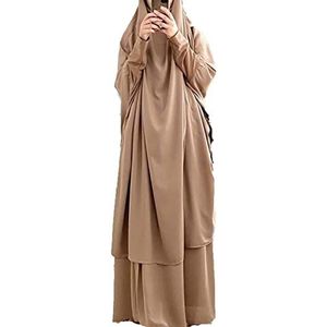 Dames moslimjurk tweedelige gebedsjurk met hijabs niqab gezichtsbedekking zachte ademende lange mouwen islamitische kleding Turkse jurk gewaad één maat, Kaki, one size