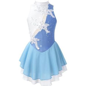 NUOYIXUAN Gymnastiekpak voor meisjes, mouwloos, met patches, glanzend, bloemmotief, kunstschaatsen, balletkleding, danskleding (lichtblauw, C, 16)
