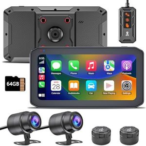 IXROAD Dashcam Motor met CarPlay en Android Auto, 2K Motorfiets Camera Voor en Achter, 6,25"" Touchscreen met GPS, TPMS, Afstandsbediening, 64GB TF-Kaart, Navigatie