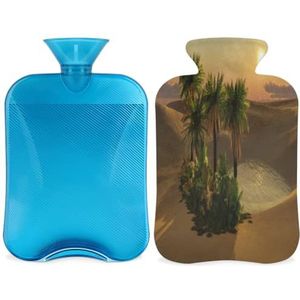 Tropische woestijn zonsondergang warmwaterfles met deksel, 2L transparante warmwaterzak voor warm/koud kompres, handvoeten warmer, nek en schouder pijnverlichting (Palm boom)