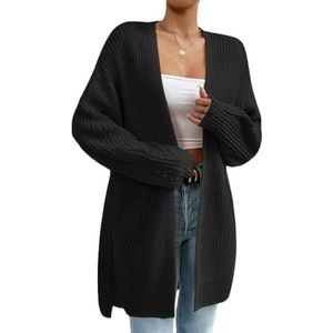 HHuiXinXue Cardigan dames elegante open voorkant cardigan V-hals Mul zijsplit gebreide jas lichtgewicht warm, Zwart, XL