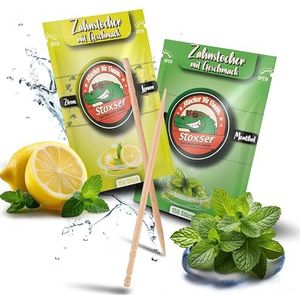 Stoxser Tandenstokers met smaak, verpakking van 2 stuks, citroen/citroen en mint/menthol, smaakrevolutie, geen kauwgom, ondersteunend voor tandpasta, tandzijde, suikervrij