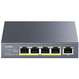 Cudy GS1005P Gigabit Ethernet Switch 5 Poe+ 60W poorten, 4 poorten 10/100/1000 Mbps Poe+, Switch Unmanaged, geen extra voeding, 802.3af/at