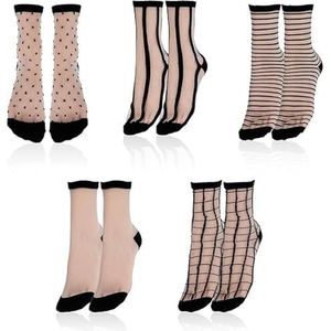 Qiyuting 5 paar transparante kousen voor dames, transparant, zwart, kant, enkousen, ultradun, doorschijnend kousen., zwarte achtergrond met witte zijde, 62