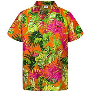 King Kameha Hawaiihemd, voor heren, korte mouwen, borstzakje, Hawaii-print met ananas en bladeren, Pineapple Leaves Oranje, L