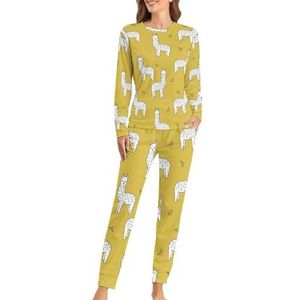 Alpaca mosterd van Andrea Lauren zachte damespyjama met lange mouwen, warme pasvorm, loungewear sets met zakken, XL