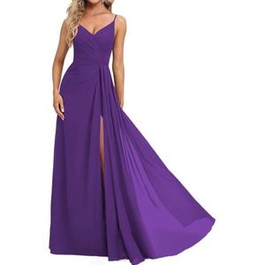 Prinses Bruidsmeisjes Jurken Spaghetti Bandjes Galajurken Chiffon Formele Avondfeest Maxi Jurk met Split ZM210, Paars, 32