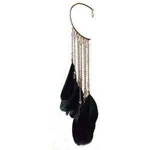 Oorbellen Boheemse kleur veer oorhaak clip op oorbellen zonder piercing for vrouwen accessoires lange kwastjes manchet oorbel sieraden (Color : Black)