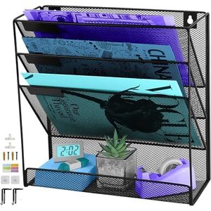 TSDRBWO 4 Tier Hangende Muur Tijdschriftenhouder Wandgemonteerde Bestandsorganisator, Mental Mesh Tijdschriftenrek Opknoping, A4 Office Muur Organisatoren, Wandmap Organizer Stationaire Organizer voor