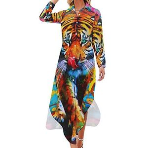 Modern olieverfschilderij van tijger vrouwen maxi jurk lange mouw knop shirt jurk casual feest lange jurken 4XL