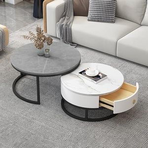 Multifunctionele salontafel, 2-delig, met opberglade for woonkamer- en slaapkamerdecoratie, leistenen marmeren textuur en metalen frame (Color : Black Frame+gray+white)