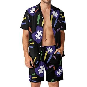 Kleurrijke Autisme Hand Hawaiiaanse Sets Voor Mannen Button Down Korte Mouw Trainingspak Strand Outfits 2XL