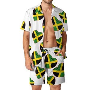Jamaica vlag hart mannen Hawaiiaanse bijpassende set 2-delige outfits button down shirts en shorts voor strandvakantie