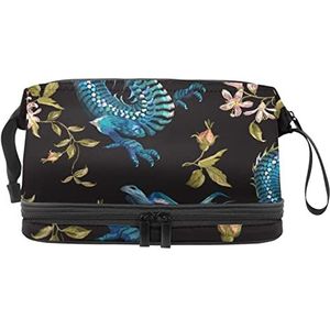 Dubbellaags Cosmetische Tas Draken Gouden Rozen Draagbare Make-up Tas Reizen Organizer Pouch Voor Vrouwen Meisjes Toiletries Tassen, Meerkleurig, 27x15x14 cm/10.6x5.9x5.5 in, Make-up zakje