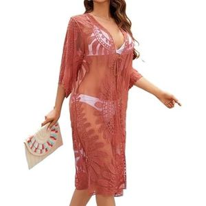 Cover Ups Voor Vrouwen Strandkleding Kant Geborduurd Voor Vrouwen Badmode Strand Cover Up Blouse Zomer Vakantie Vest Effen Korte Mouw Lange Badpak Cover Ups Voor Vrouwen (Rood)