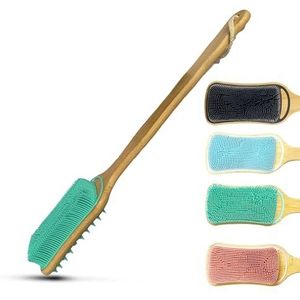 Rexzono Siliconen rugscrubber voor de gevoelige huid, exfoliërende lichaamsscrubber, badborstel met lange steel, loofah voor douche, zachte reinigingsscrub voor vrouwen en mannen, gemakkelijk schoon