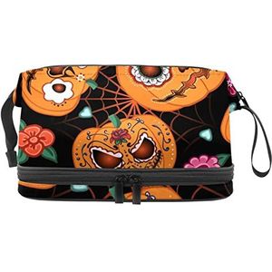 Grote capaciteit reizen cosmetische tas,Halloween Boho pompoenen bloemen, make-up tas, waterdichte make-up tas organisator, Meerkleurig, 27x15x14 cm/10.6x5.9x5.5 in