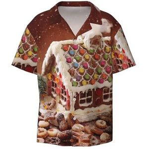 OdDdot Kerst peperkoek zoals dorpshuis print heren button down shirt korte mouw casual shirt voor mannen zomer business casual overhemd, Zwart, XXL
