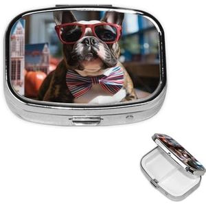 Pillendoosje met spiegel, kleine pillenorganizer, 2 compartimenten, Franse bulldog, zonnebril dragen, pillendoos voor portemonnee of zak, draagbare pillencontainer, schattige medicijnorganizer