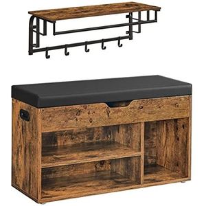 VASAGLE Schoenbank, wandgarderobe, industriële stijl, meubelset voor entree, wandrek met 5 afneembare haken, zitbank met zitkussen, vintage bruin-zwart LSR132B01