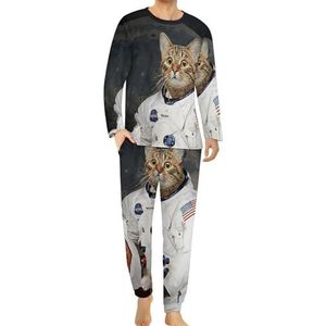 Ruimte astronaut maan kat comfortabele heren pyjama set ronde hals lange mouwen loungewear met zakken S