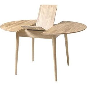 NordicStory Escandi 5 eettafel, rond, uittrekbaar, massief eikenhout, Scandinavische stijl, 110-145 cm, gebleekt eiken