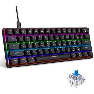 Snpurdiri Bedraad mechanisch gamingtoetsenbord, 60% grootte, 61 toetsen, RGB-achtergrondverlichting, ultracompact, blauwe toetsen, twee pootjes, zwart