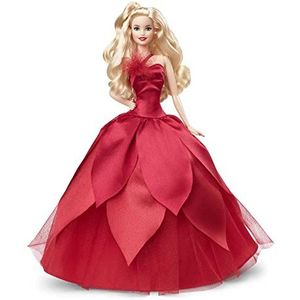 ​Barbie Signature 2022 Feestelijke Barbie Pop (blond golvend haar) met poppenstandaard, verzamelcadeau voor kids vanaf 6 jaar, HBY03