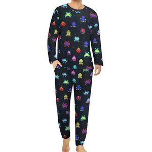 Classic Games Space Invaders Patroon Comfortabele Heren Pyjama Set Ronde Hals Lange Mouw Loungewear met Zakken 3XL