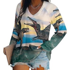 3D prehistorische dinosaurus vrouwen casual T-shirts met lange mouwen V-hals gedrukte grafische blouses Tee Tops XL