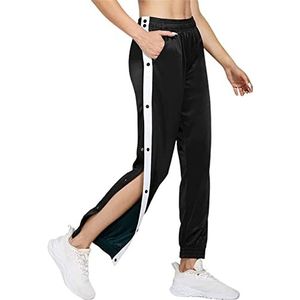 Sportbroek voor dames, met zijsplit en drukknopen, tear away, basketbalbroek, warming-up, joggingbroek, elastische taille, jogger, zwart, M