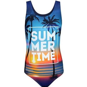 Aquarti Meisjes Badpak met Racerback en Dolfijn Print, Zomer/Tijd/Donkerblauw/Oranje/Paars, 116