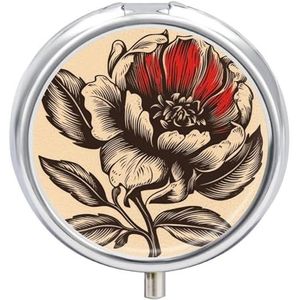 Zwarte en rode bloemen pillendoos voor vrouwen mannen zak ronde pillendoosje decoratieve doos geneeskunde vitamine metalen pillenorganisator draagbare pilhouder voor reizen uniek cadeau