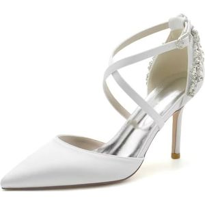 JOEupin Dames satijnen bruidspompen voor bruid strass strappy cross strap bruids pumps avond prom party schoenen, Wit, 41 EU