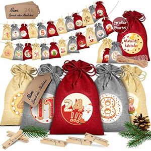 KESSER® Adventskalender om zelf te vullen, 24 jute zakjes, bedrukte stoffen zakjes voor kinderen, kerstkalender om zelf te vullen, incl. 24 x borden + 1 grote opbergzak stof