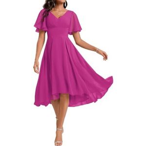 WSEYU Knielengte bruidsmeisje galajurken voor junioren V-hals geplooide chiffon avond formele gala-tuinjurk, Fuchsia, 40