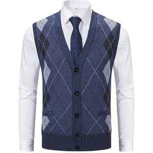 LUYSGBXR Mouwloos Vest Lente Herfst Mannelijk Vest Mouwloze Trui Fleece Warm Gebreide Jassen Geruit Zakelijk Casual Button Up Jas Mannen Kleding (Donkerblauw, XL)