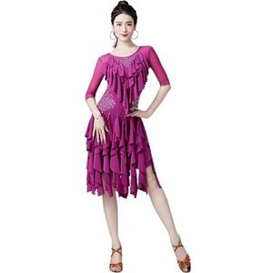 FZHQNZJF Latijns Dansjurken met Strass Onregelmatige Zoom Tango Salsa Danskostuum Cha Cha Danskleding met Strass Elastisch Danskleding voor Rumba Samba,Purper,L