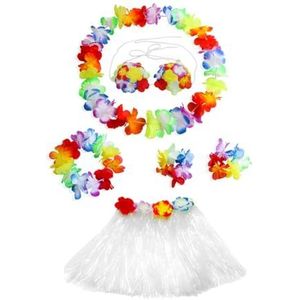 Dames meisjes hoelarok 40 cm 5 stks/6 stuks Hawaiiaanse hoelagras dansrok met Leis kostuum elastisch gras Hawaiiaanse bloem armbanden hoofdband ketting (kleur: wit, maat: 40 cm 5 stuks)