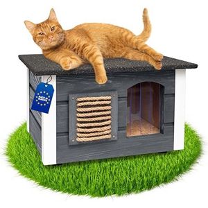 Outentin Kattenhuis voor buiten, winterbestendig, kattenhuisje voor buiten, geïsoleerde beschermhut, waterdicht en weerbestendig, kattenhuis voor buiten, 61 x 39 x 36 cm (grijs)