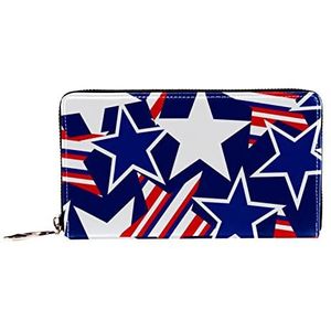 Vrouwen Zip Rond Portemonnee en Telefoon Clutch, VS Sterren Strepen Blauw Rood Wit Patroon, Reistas Lederen Clutch Bag Kaarthouder Organizer Polsbandjes Portefeuilles, Meerkleurig, 8.07x1x4.53 in