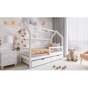 thematys® Oskar Huisbed 90 x 200 cm, kinderdroombed met laden, in wit, grijs, lichtgrijs en natuur, kindveilig en duurzaam, wit