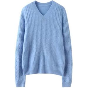 Wollen trui voor vrouwen herfst winter basic V-hals korte effen trui lange mouwen gebreide trui, Blauw, M