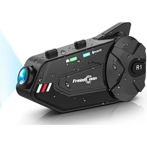 Motorfiets bluetooth headset met camera, R1plus Helm Intercom, 6 weg 1000M Interphone Waterdichte Draadloze Communicatie Systemen, 2 in 1 Mic voor full-face, Flip-up, FM, Siri.Motorhelm headset 5.0