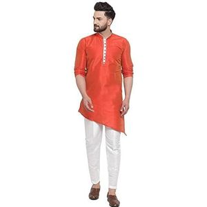 Lakkar Haveli Mannen Indiase traditionele Shirt Kurta Trail Cut Wedding Party Wear Big Tall Pyjama Pant Set Oranje Zijde, Oranje, 3XL