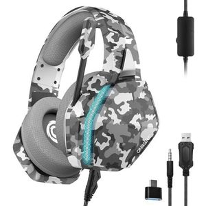 Oniverse Gaming-headset PS5 PS4 Switch Xbox PC Mac met verstelbare microfoon, LED, luidsprekers 50 mm, oorkussens van ademende stof, bekabeld, Nebula (Urban Camo/grijs)